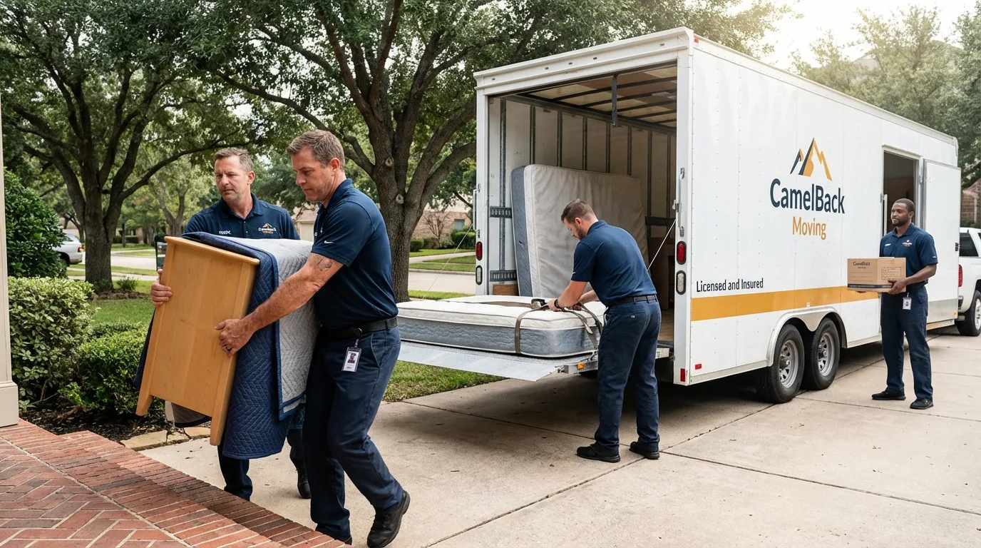 Crew loading residential truck for cross-state move from Cresco, IA