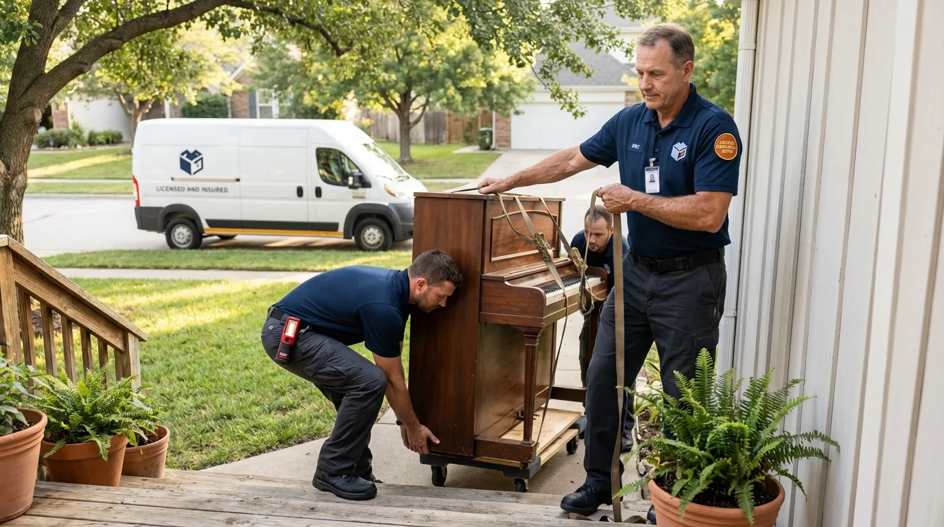 Licensed piano movers securing grand piano in Cresco, IA