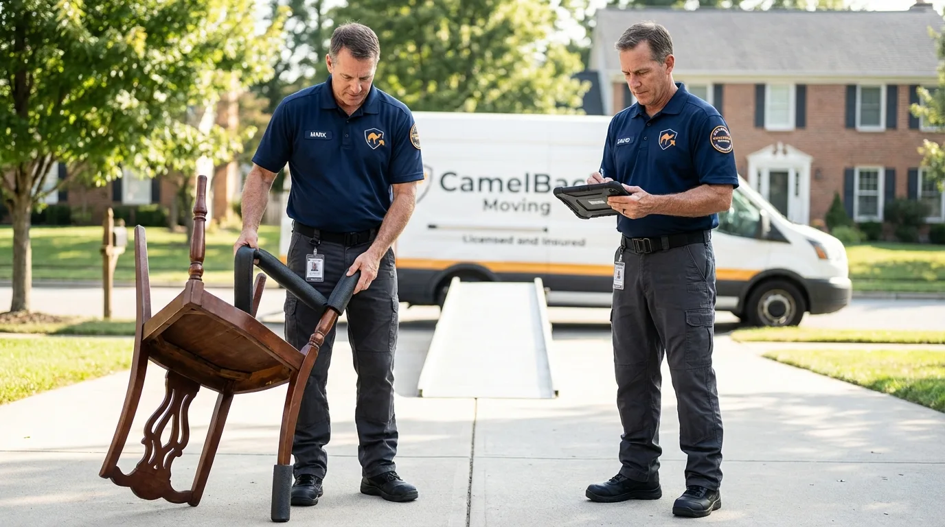 Movers inspecting furniture for damage prevention before loading in Cresco, IA