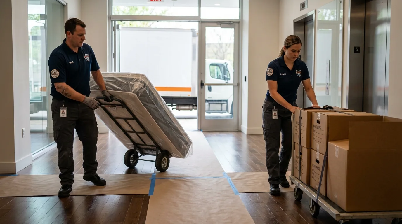 Professional apartment movers loading elevator in Cresco, IA